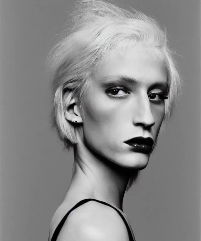 Image similar to a color photograph of a non binary model, platinum blonde, by robert mapplethorpe, intense, bold, hyperrealistic, ultra sharp, extra details, ultra high quality, trending on pinteresst