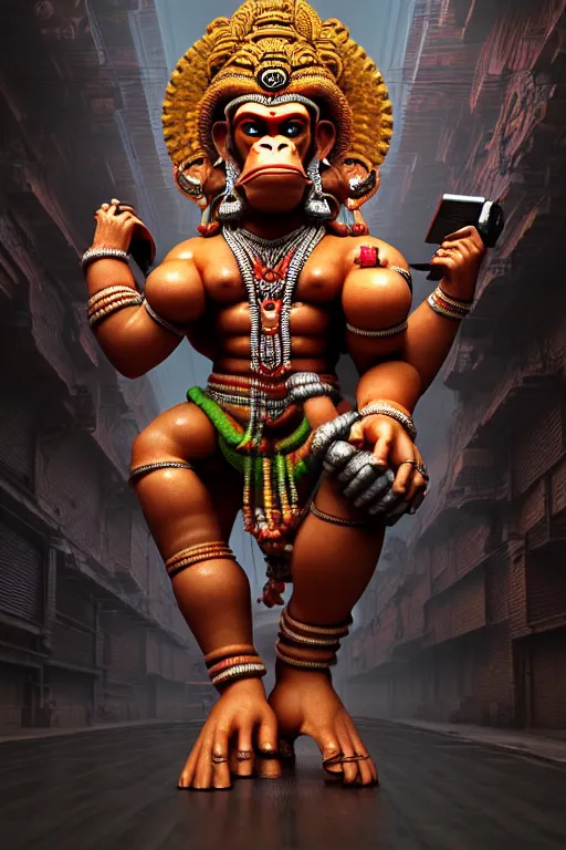 Image similar to high quality 3 d render post - rococo cyberpunk hanuman! head shri ram centre, madhubani, highly detailed, morning in sci - fi new delhi, cinematic smooth unreal engine, lee madgwick & liam wong, dramatic light, long shot, low angle, uhd 8 k, sharp focus