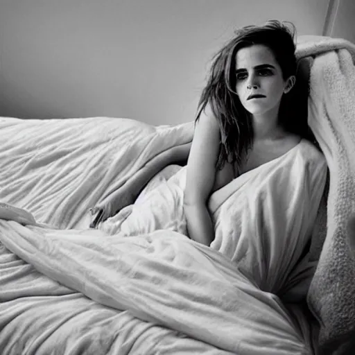 Image similar to emma watson waiting for you in bed at night while smiling shyly, messy hair bedhead, very sleepy and shy, bare shoulders, comforting, covered in little white blanket, dim cool lighting