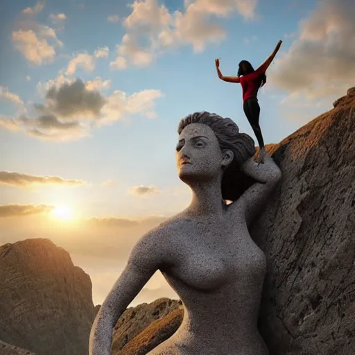 Prompt: a detailed colossal magnificent stone sculpture carved from the top of a massive mountain of an elegant woman lying flat on the ground with one hand raised to the sky, fine detail, sunrise on the horizon in the background, stone hand raised up, 8 k, art by greg rutkowski and meera mukherjee and ramkinker baij