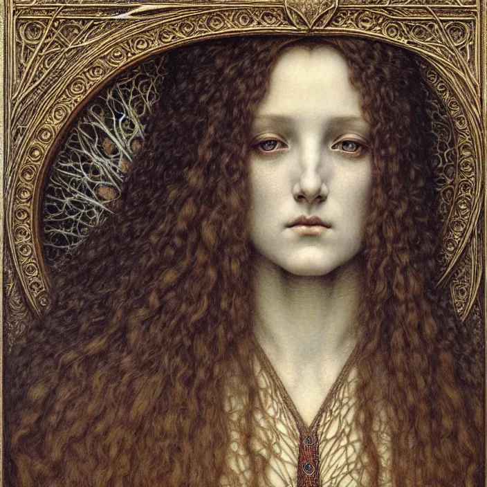 Image similar to detailed realistic beautiful young medieval queen face portrait by jean delville, gustave dore and marco mazzoni, art nouveau, symbolist, visionary, gothic, pre - raphaelite. horizontal symmetry