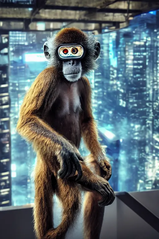 Image similar to Photography of ultra mega super hyper realistic detailed monkey in cyberpunk suit with many details by Hiromasa Ogura . Photo shot from 30m distance on ultra mega super hyper Leica Q2 Camera, Rendered in VRAY and DaVinci Resolve and MAXWELL and LUMION 3D, Volumetric cyan gold natural light