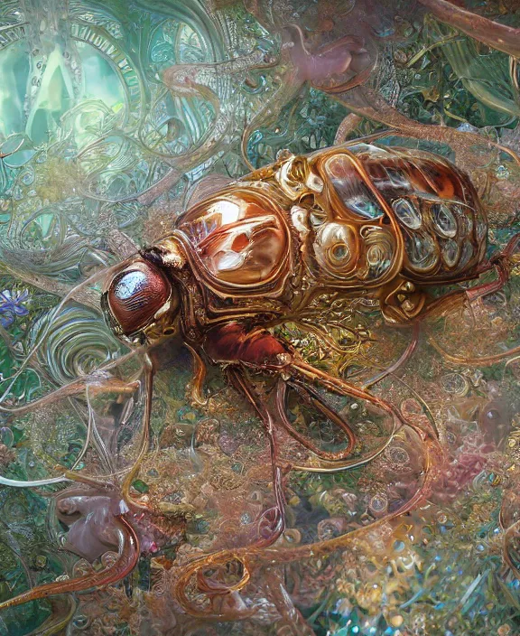 Image similar to intricate ornate opulent transparent clear see - through portrait of a playful beautiful starfish mollusk beetle, fractal, adorable, childlike, overgrown biopunk jungle environment, ultra realistic, concept art, art nouveau, photorealistic, octane render, 8 k, unreal engine. art by christopher marley and artgerm and greg rutkowski and alphonse mucha