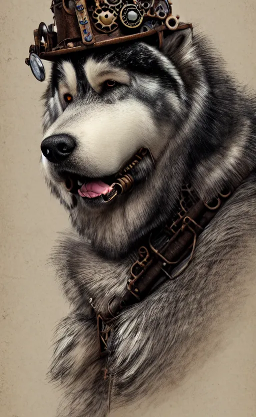 Image similar to hyper realistic ultra - detailed portrait of alaskan malamute face, steampunk hat with goggles and gears, upper body, detective coat, sharp focus, illustration, fantasy style, octane render, volumetric lighting, 8 k high definition, wide shot, by greg rutkowski, highly detailed, trending on art station