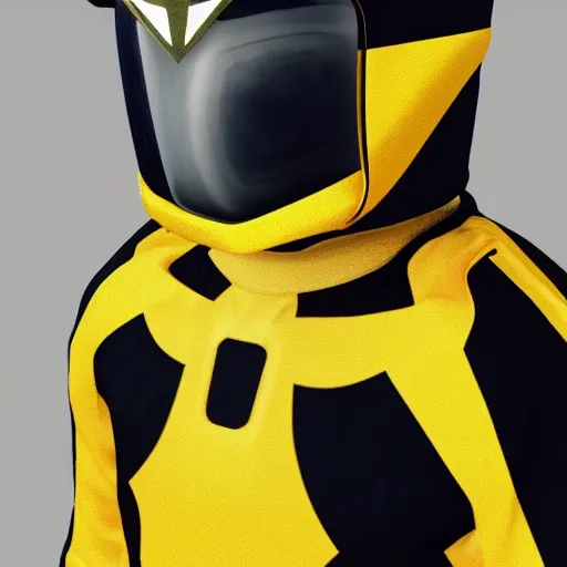 Image similar to symmetry!! yellow ranger, thunderbolt shaped eyeshade, artstation, lightning helmet, 3 d, jumpsuit, gloves, futuristic logo,