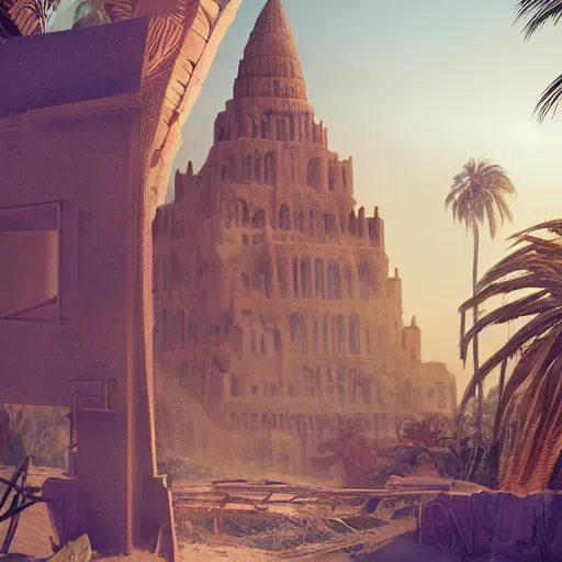 Prompt: cover concept art of the lost sand city, ruins, golden towers, golden pillars, palm trees, post-processing, in the style of Hugh Ferriss, Behance, Artgerm. High detail, ultra realistic render, octane, 3D, photorealism, symmetric, cinematic