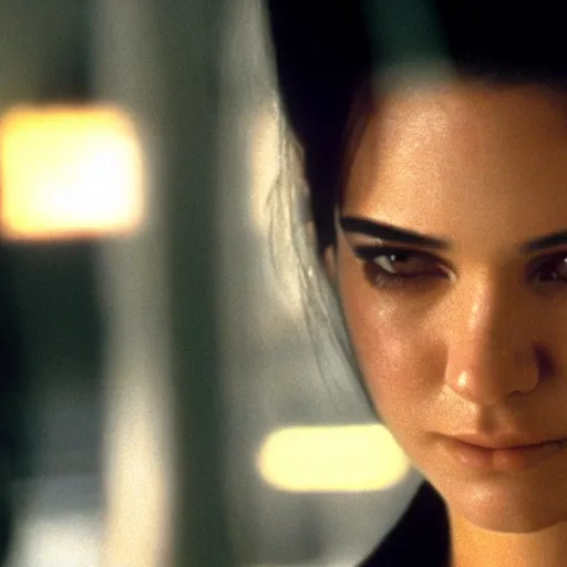 Prompt: a film still of Kendal Jenner starring in The Matrix (1999), close up, shallow depth of field