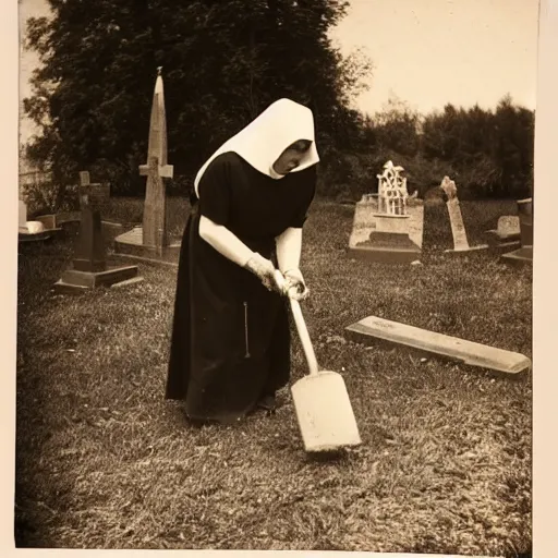 Image similar to antique photograph of an evil catholic nun digging out human bones in a graveyard, night, blurry, mysterious, horror real photo,