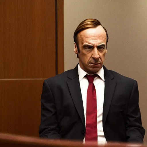 Image similar to still from better call saul, saul goodman in court with red ballon, cinematic shot