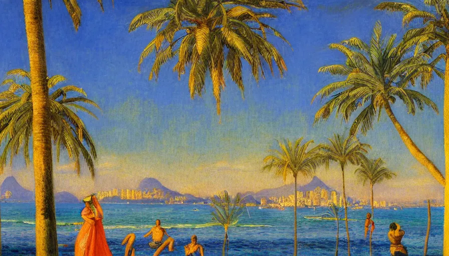 Image similar to a ultradetailed beautiful painting of the luxurious beautiful utopian futuristic rio de janeiro designed by jules bastien - lepage, tarsila do amaral, frank weston and gustave baumann, beach, trending on artstation, mediterranean, palm trees, sharp focus, colorful refracted sparkles and lines, soft light, 8 k 4 k