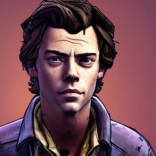 Image similar to harry styles portrait, borderlands, tales from the borderlands, the wolf among us, comic, cinematic lighting, studio quality, 8 k