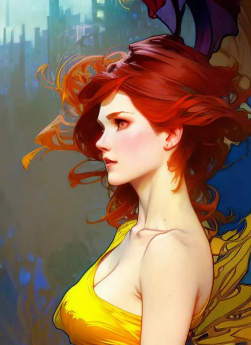 Image similar to digital character concept art by artgerm and greg rutkowski and alphonse mucha. clear portrait of a pin - up young wife, redhead, blue and yellow clothes, light effect. hyper detailed, intricate, elegant, digital painting, artstation, smooth, sharp focus