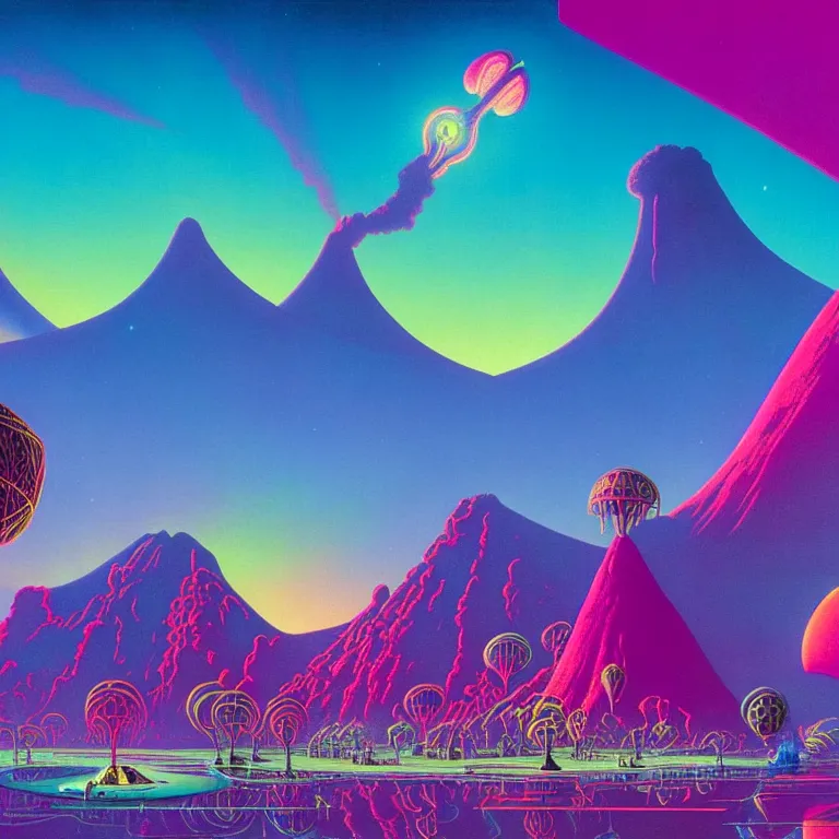 Image similar to pink inca spaceport, volcano valley, ( ( ( synthwave ) ) ), bright neon colors, highly detailed, cinematic, tim white, michael whelan, roger dean, bob eggleton, philippe druillet, vladimir kush, kubrick, haeckel, alfred kelsner