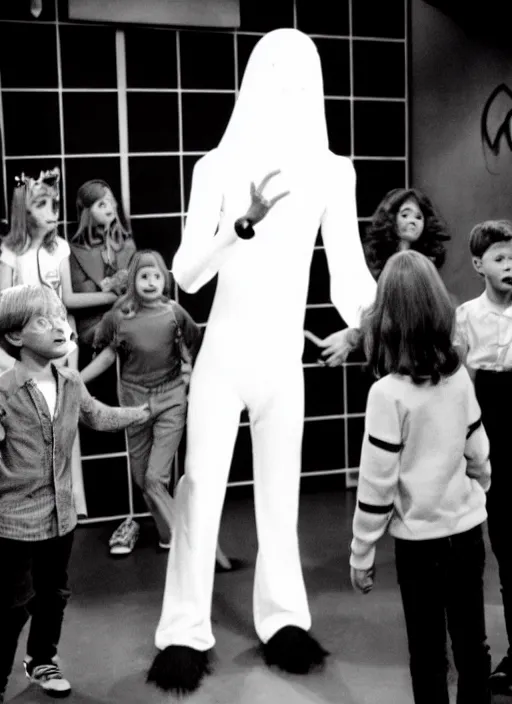 Image similar to creepy realistic scary gangly ghost monster invades the crowded set of a 9 0's childrens tv gameshow, everyone runs in horror, grainy black and white surveillance