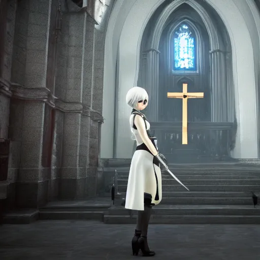 Image similar to 2 b nier automata standing in front of a church, 3 d render, unreal engine, octane render, ray tracing, unity, highly detailed, high quality, hd, 4 k, 8 k, realistic, sharp, trending