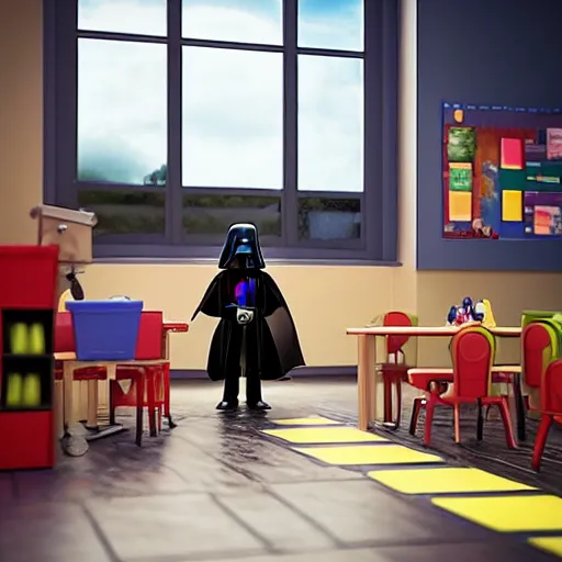 Image similar to “Darth Vader in school room with kids, movie scene, ultra realistic, rendered with unreal 5 engine”