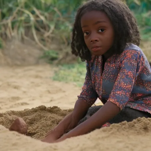 Prompt: still of young Anaking Skywalker playing in a sandbox