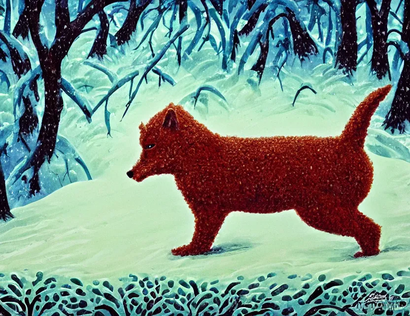 Prompt: lush chia pet animal frolicking in snowy woods, stormy skies. russian fairytale art, gouache, dynamic composition, backlighting