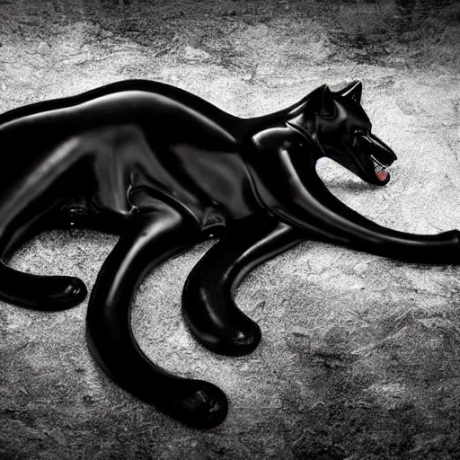 Prompt: a shiny black goo covered panther, panther made of black goo, goo panther, panther made of goo, latex shiny, laying on a tar, covered white couch in a living room, dripping and drooling black goo. digital art, photography