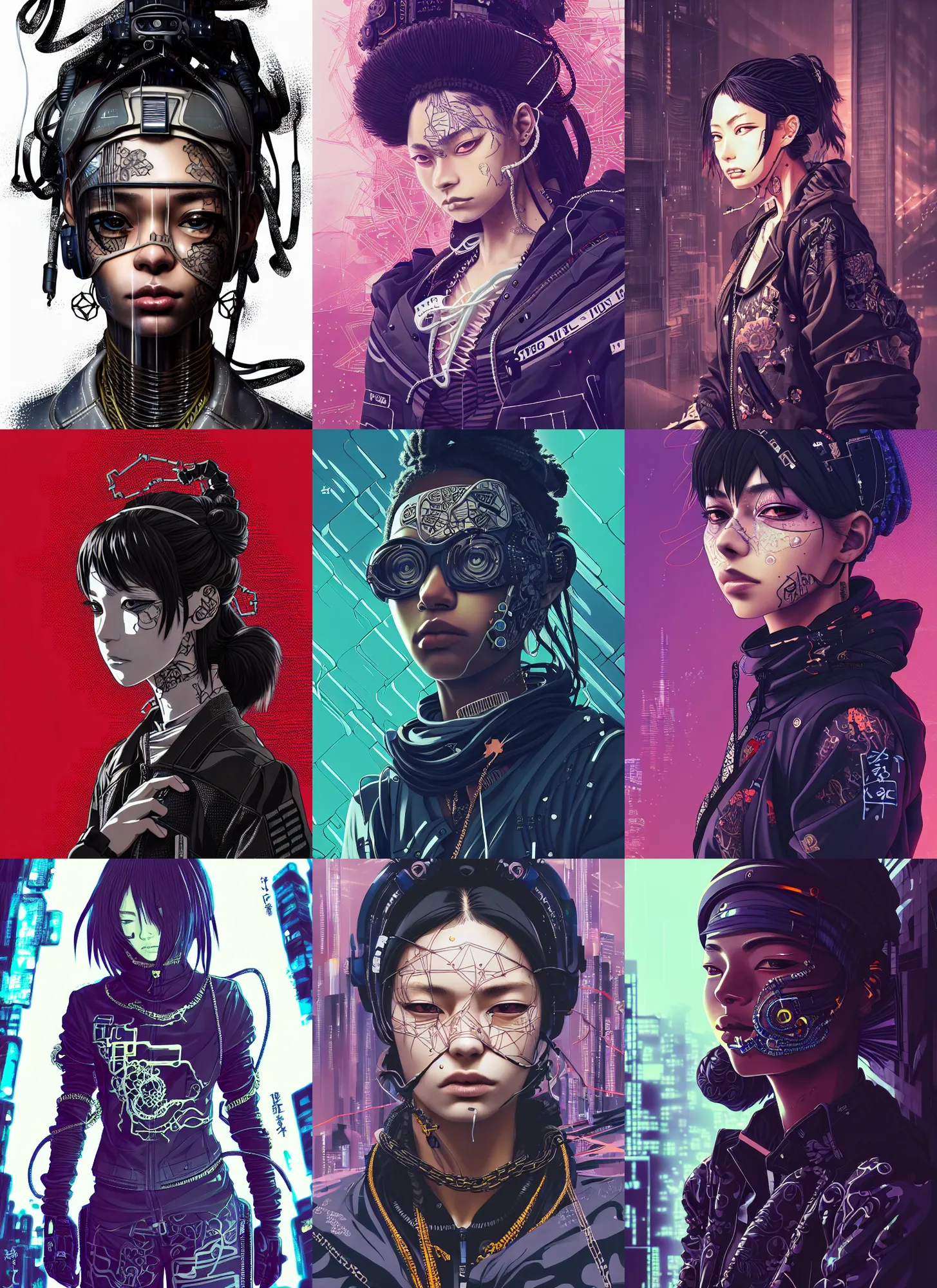 Prompt: by kyoto animation, very cool woman wearing cyberpunk intricate streetwear, beautiful, detailed portrait, intricate complexity, in the style of kehinde wiley, cell shaded, 4 k, concept art, pixiv. cinematic dramatic atmosphere, sharp focus, volumetric lighting, cinematic lighting, studio quality