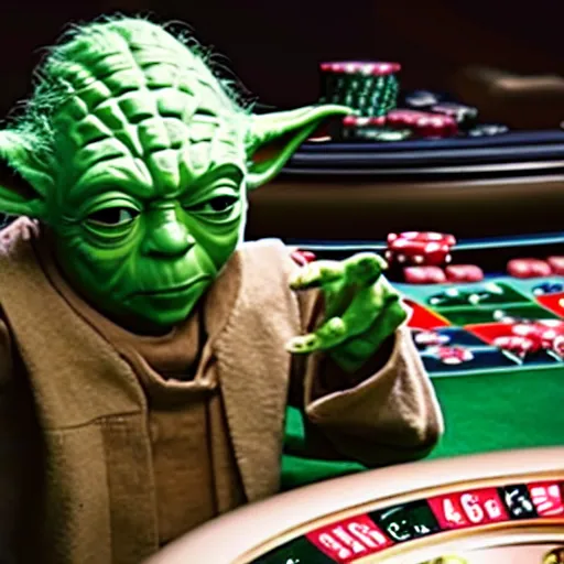 Image similar to film still of yoda gambling in las vegas casino in the new star wars movie 4 k 8 k