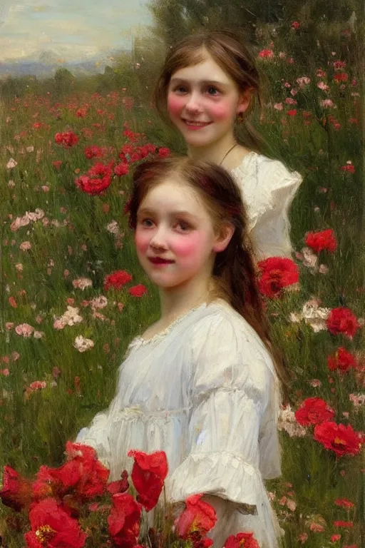 Image similar to Solomon Joseph Solomon and Richard Schmid and Jeremy Lipking victorian genre painting portrait painting of a smiling young village girl in an open field of flowers, red background