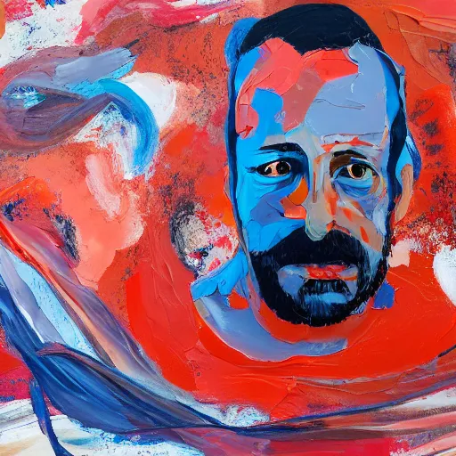 Image similar to _ in _ these _ paintings _ we _ see _ a _ big _ man _ who _ seem _ to _ be _ walking _ in _ circles in an empty void space, 4 k, in the style of ben quilty, minimal red and blue palette, medium shot, oil paint with thick brushstrokes of paint, impasto, detailed,