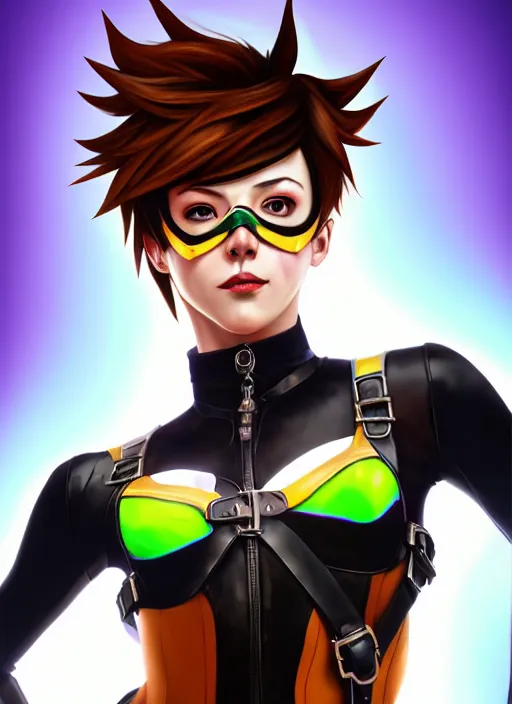 Image similar to oil painting digital artwork of tracer overwatch, confident pose, wearing black iridescent rainbow latex, 4 k, expressive happy smug expression, makeup, in style of mark arian, wearing leather collar, wearing sleek armor, black leather harness, expressive detailed face and eyes,