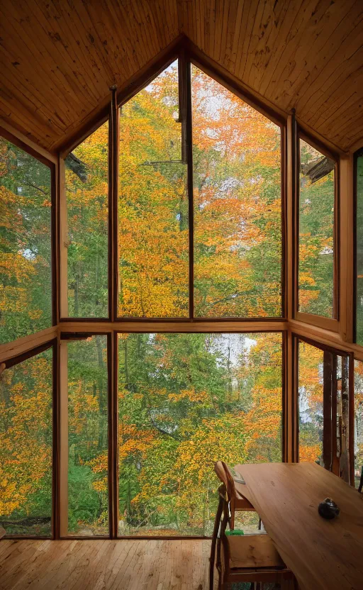 Prompt: interior photograph of an autumn themed house with trees growing inside