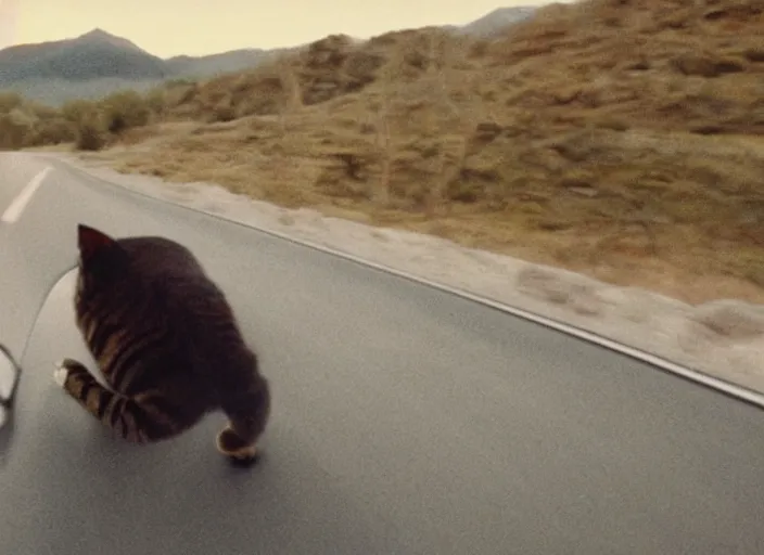 Image similar to A very high resolution image from a new movie, a cat driging around, inside of a car , mountains, Polaroid, directed by wes anderson