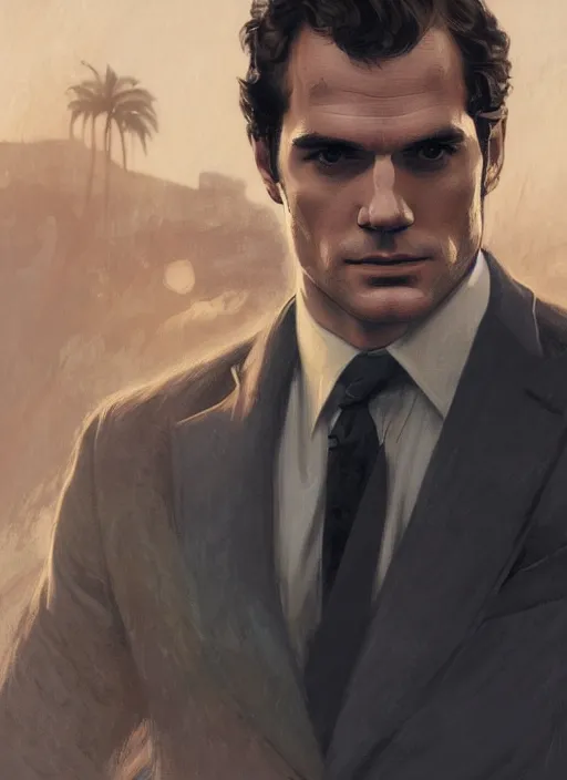 Image similar to portrait of henry cavill as james bond, key art, sprinting, palm trees, vintage aston martin, highly detailed, digital painting, artstation, concept art, cinematic lighting, sharp focus, illustration, by gaston bussiere alphonse mucha