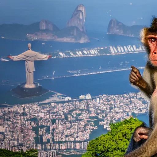 Image similar to high quality portrait of a monkey in front of Christ The Redeemer, studio photograph, photograph, realistic photo, 8k photo, 4k photo, stock photo, high resolution, cinematic shot, high detail