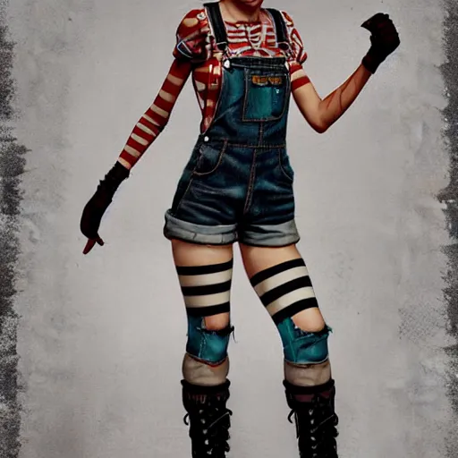 Prompt: full body pose, grungy alice, torn overalls, short shorts, gloves, combat boots, fishnets, beautiful, highly detailed face, true anatomy!, extremely detailed!, digital painting, unreal engine 5, art by tom bagshaw