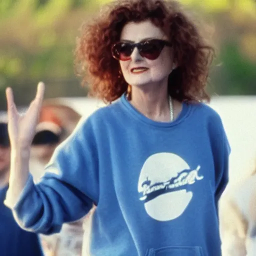 Image similar to 1 9 9 0 s video still of susan sarandon, wearing a hip hop hoodie, rapping on stage at a small outdoor concert, vhs artifacts