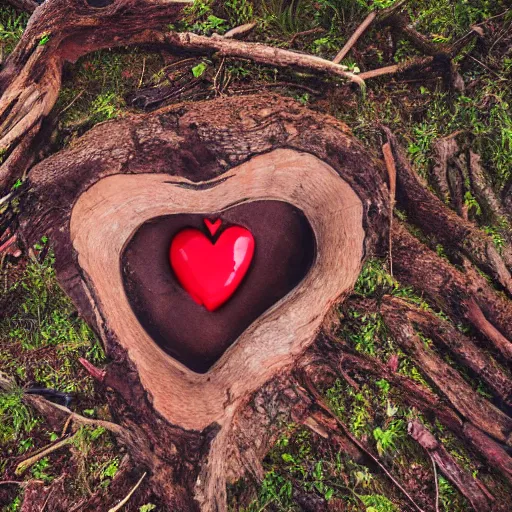 Prompt: photograph of a human heart laying in a forest full of dead trees