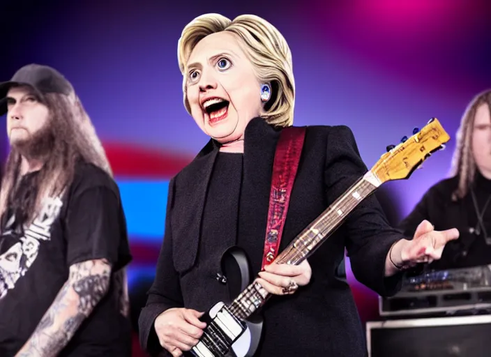 Image similar to publicity photo still of hillary clinton in a death metal band playing live on stage, 8 k, live concert lighting, mid shot