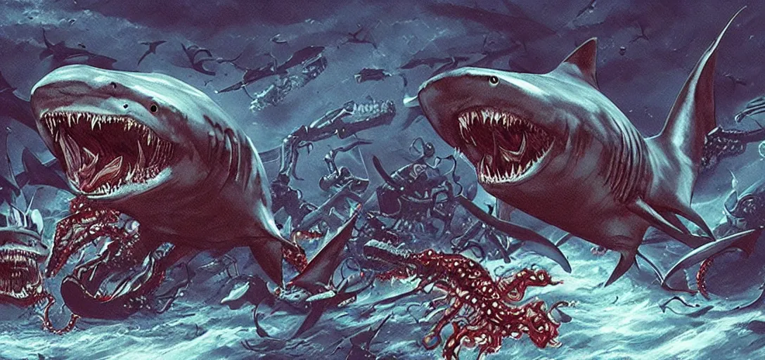 Image similar to concept art of shark attack, lovecraftian, lots of teeth, melting horror, fighting the horrors of the unknown with laser guns