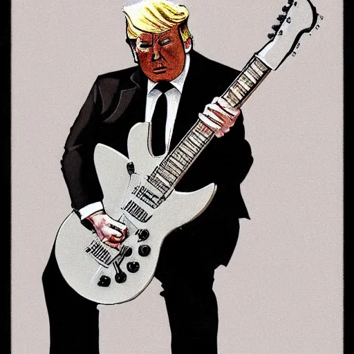 Image similar to President Trump Shredding on an electric guitar in the style of Frank Frazetta