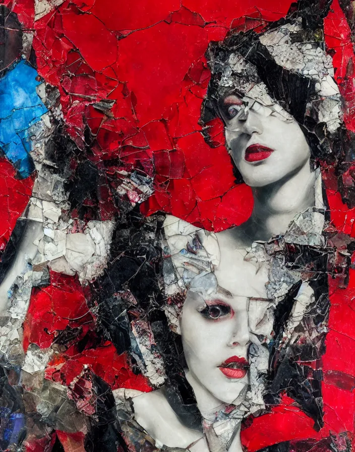 Prompt: languid temptation. mixed media collage with shattered glass and marble texture in style of contemporary art, punk art, photorealistic face, expressionism, masterpiece, perfect composition, photorealistic beautiful face, spectacular quality, deep shadows, intricate oil details, red, blue, black