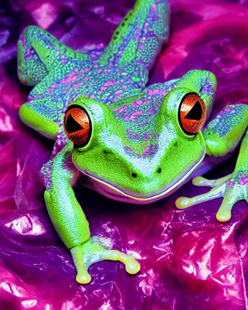 Image similar to natural light, soft focus portrait of a cyberpunk anthropomorphic tree frog with soft synthetic pink skin, blue bioluminescent plastics, smooth shiny metal, elaborate ornate jewellery, piercings, skin textures, by annie leibovitz, paul lehr