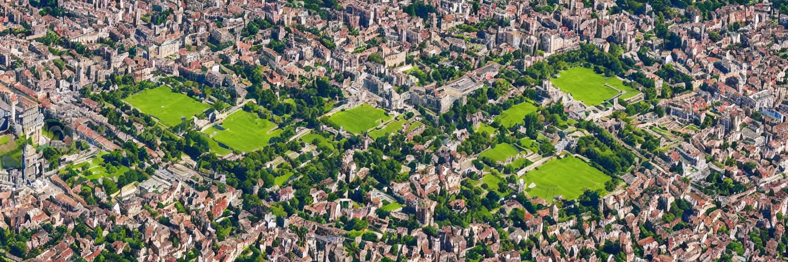 Prompt: A beautiful landscape of a city, with a castle and gardens in the middle, aerial view