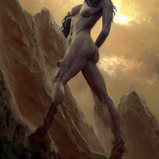 Image similar to by richard s. johnson ornate. a beautiful sculpture of a human - like creature with long, stringy hair. the figure has no eyes, only a mouth with long, sharp teeth. the creature is standing on a cliff overlooking a dark, foreboding sea.