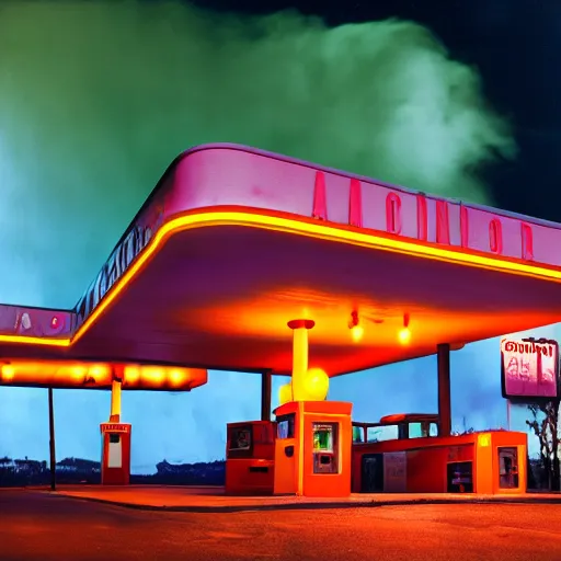 Image similar to film photography of a 1940s gas station at night in front of colourful underwater clouds by Kim Keever, low shutter speed, 35mm