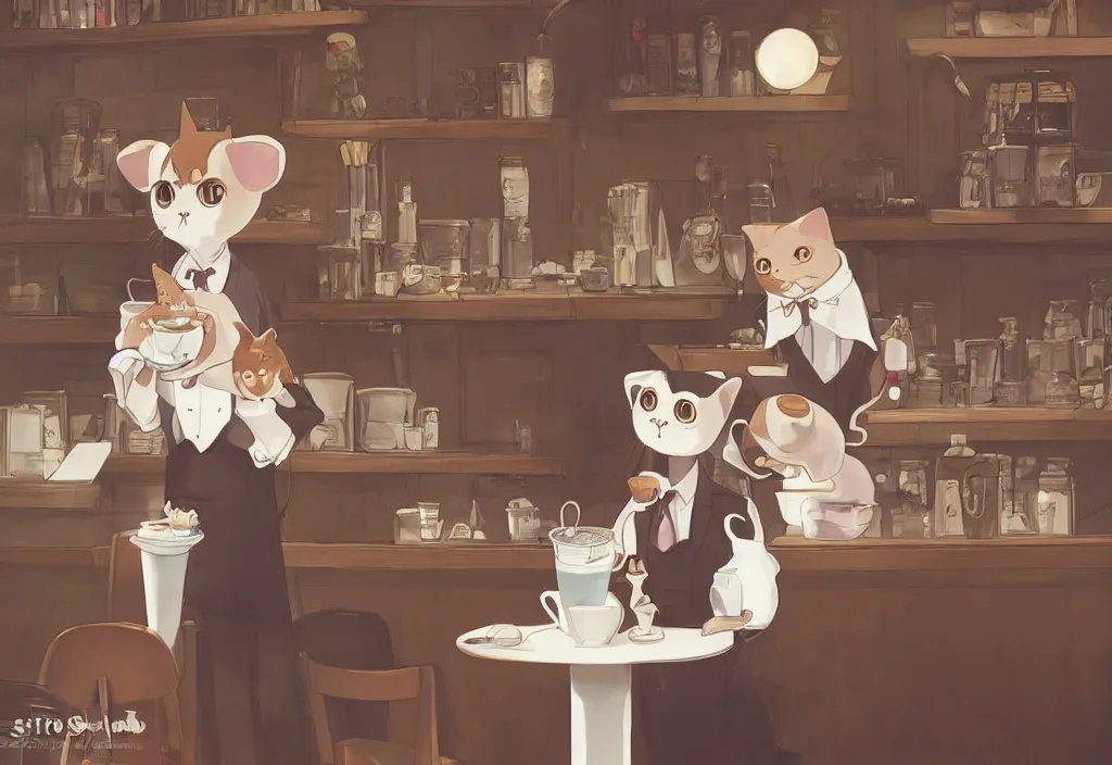 Image similar to a highly detailed portait of a cute little anthropomorphic cat barista wearing a suit in a parisian coffee shop by studio ghibli, tiny, small, cute and adorable, pretty, beautiful, character art portrait, matte painting, Artstation