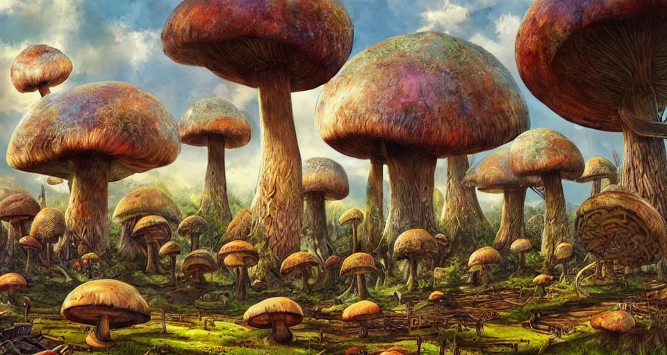 Image similar to A tribal village in a forest of giant mushrooms, by Android jones,