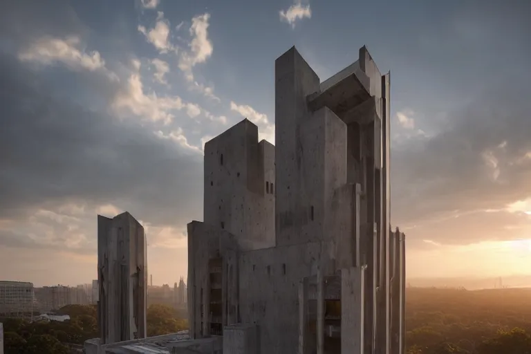 Prompt: an extremely detailed cathedral of brutalist architecture, stunning volumetric light, sunset, metal, concrete and translucent material, stunning skied, 8k, by Greg Rutkowski