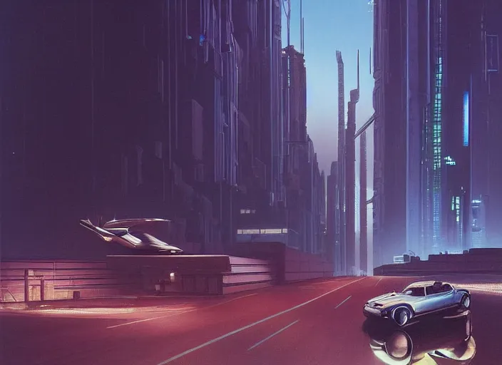 Image similar to a car driving down a street next to tall buildings the night at 10 pm, cyberpunk art by Chesley Bonestell, cgsociety, retrofuturism, matte painting, reimagined by industrial light and magic