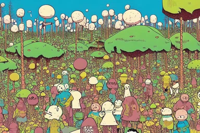 Prompt: surreal glimpse into other universe, inside a marshmallow forest in an ice cream valley, summer morning, very coherent and colorful high contrast, art by geof darrow, dark shadows, hard lighting