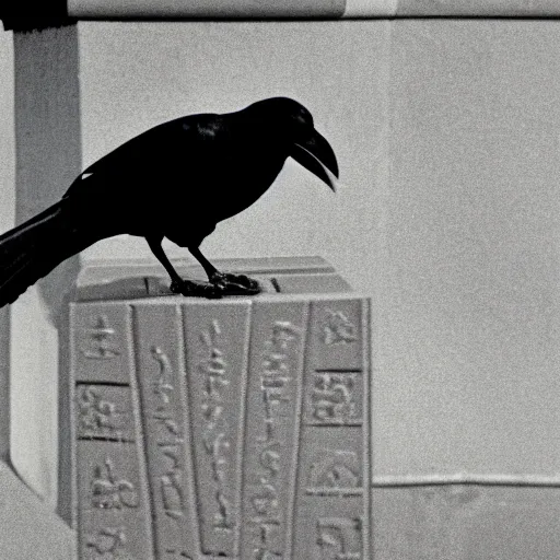 Prompt: close up of a obese crow with a round body short legs and large black beak sitting in a black stone obelisk, high resolution film still, film by Jon Favreau