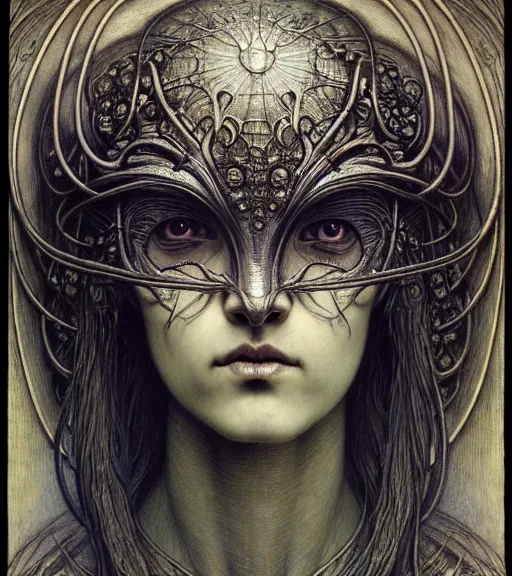 Image similar to detailed realistic beautiful young medieval alien robot grimez face portrait by jean delville, gustave dore and marco mazzoni, art nouveau, symbolist, visionary, gothic, pre - raphaelite. horizontal symmetry by zdzisław beksinski, iris van herpen, raymond swanland and alphonse mucha. highly detailed, hyper - real, beautiful, fractal baroque